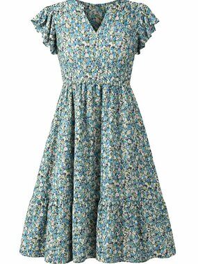 Women's Summer Casual Dress, V Neck Ruffle Sleeve, Midi Sundress, FLORAL, SMALL